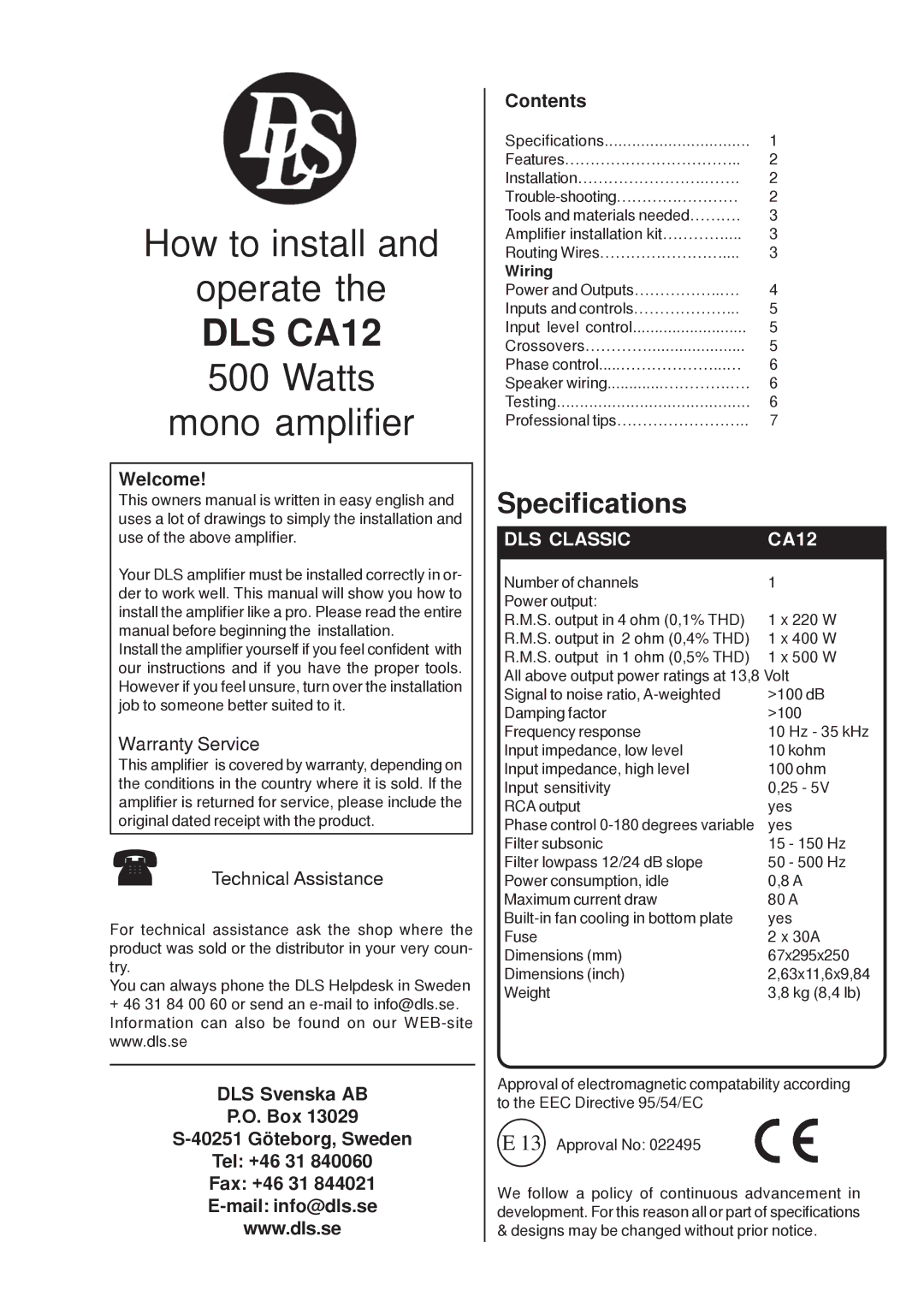 DLS Svenska AB DLS CA12 warranty Specifications, Welcome, Wiring 