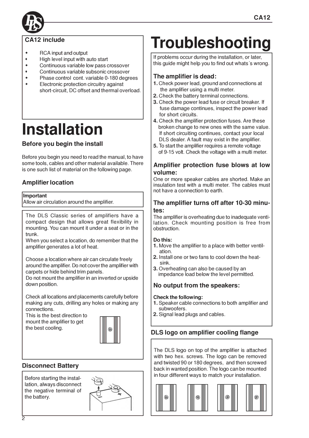 DLS Svenska AB DLS CA12 warranty Troubleshooting, Installation 