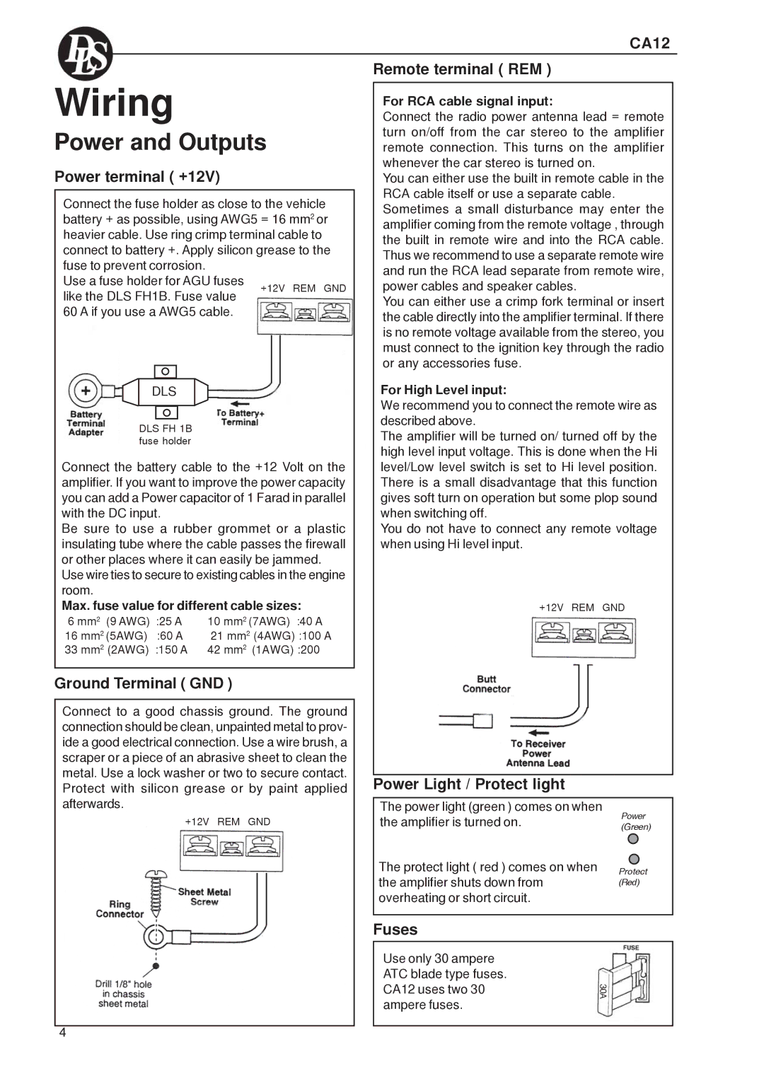 DLS Svenska AB DLS CA12 warranty Wiring, Power and Outputs 