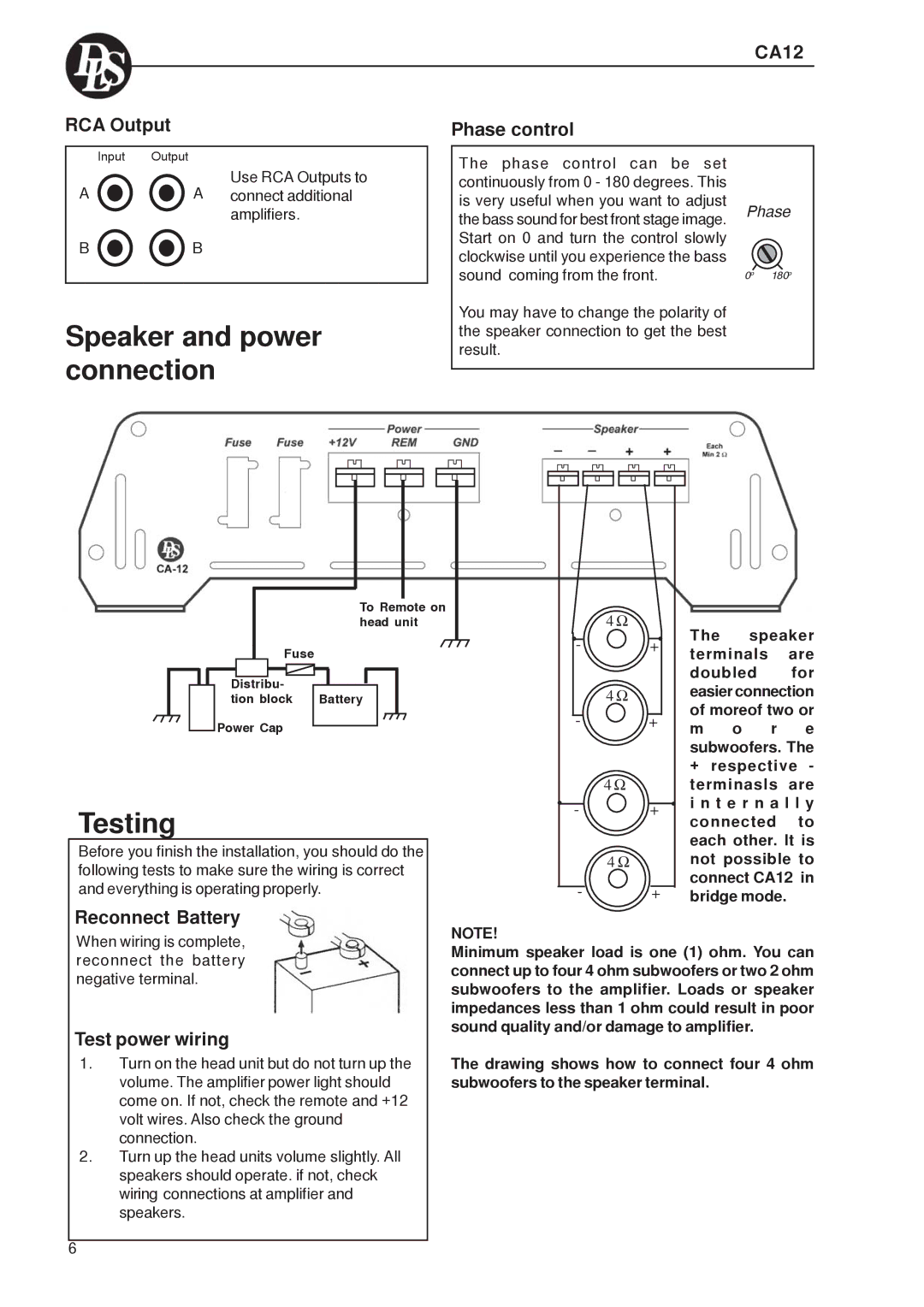 DLS Svenska AB DLS CA12 warranty Speaker and power connection, Testing, CA12 RCA Output Phase control, Reconnect Battery 