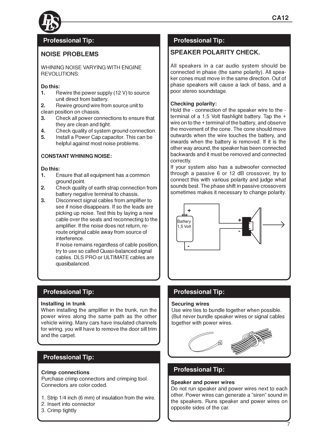 DLS Svenska AB DLS CA12 Checking polarity, Installing in trunk, Crimp connections, Securing wires, Speaker and power wires 