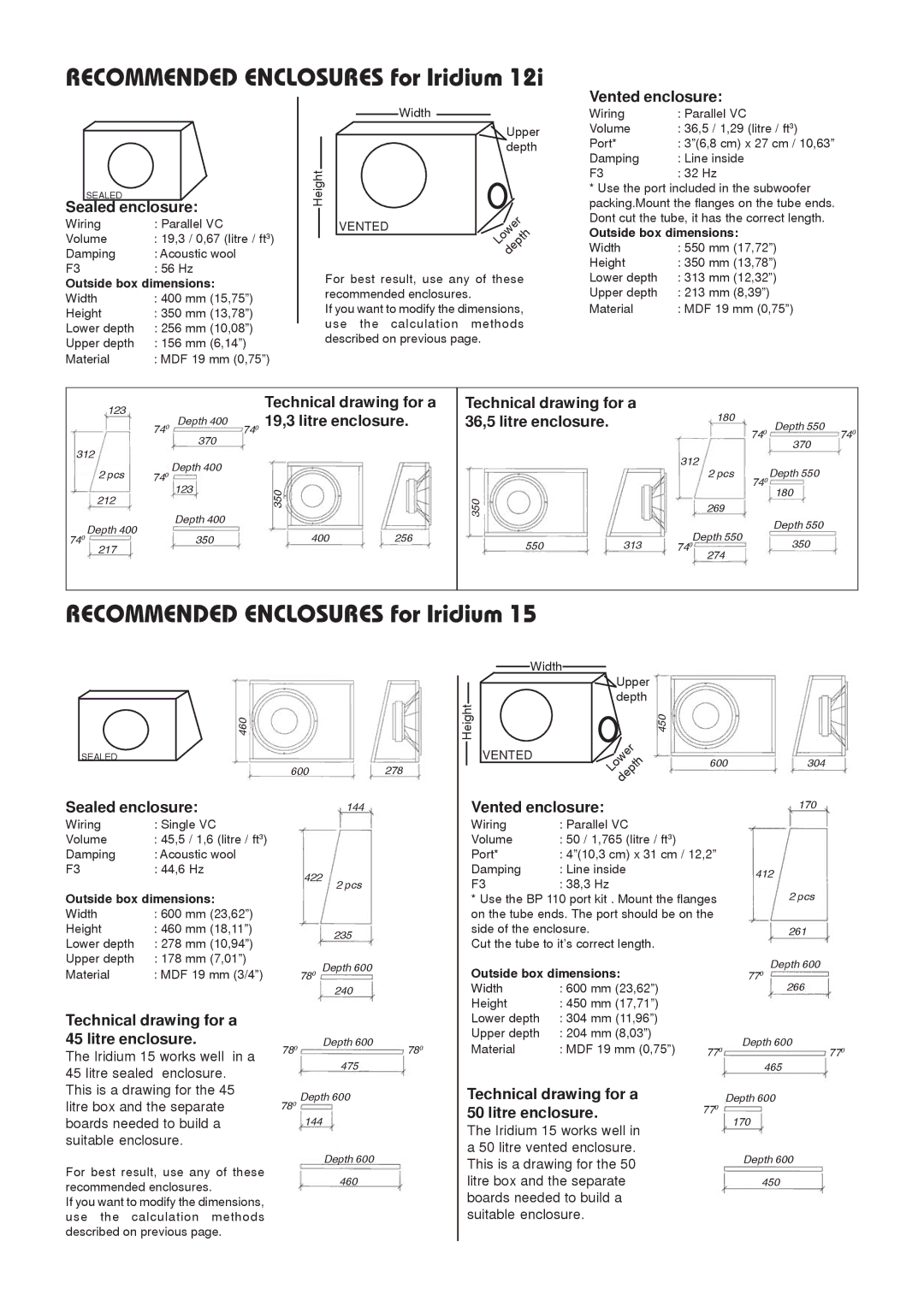 DLS Svenska AB IRIDIUM 15 Technical drawing for a 45 litre enclosure, Technical drawing for a 50 litre enclosure 