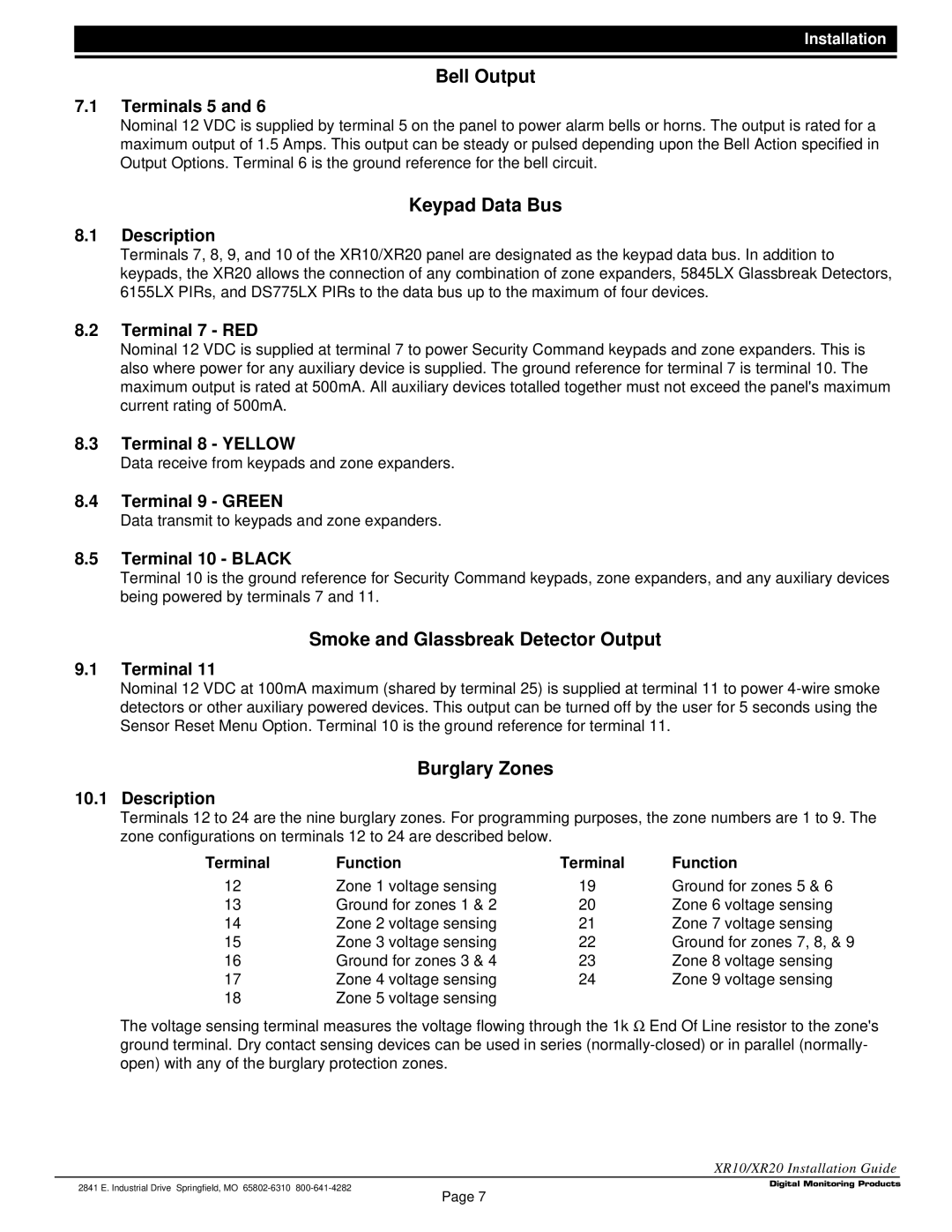 DMP Electronics LT-0229 (5 97) manual Bell Output, Keypad Data Bus, Smoke and Glassbreak Detector Output, Burglary Zones 