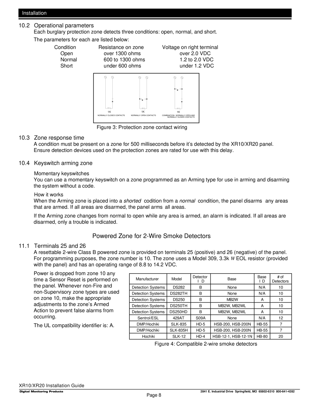 DMP Electronics LT-0229 (5 97) manual Powered Zone for 2-Wire Smoke Detectors, Operational parameters, Zone response time 