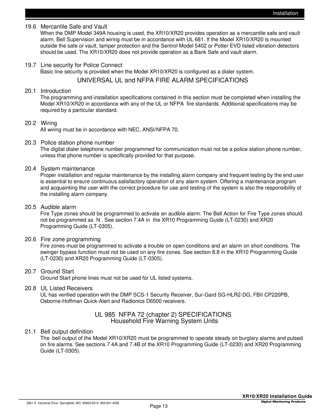 DMP Electronics LT-0229 (5 97) manual Universal UL and Nfpa Fire Alarm Specifications, UL 985 Nfpa 72 Specifications 