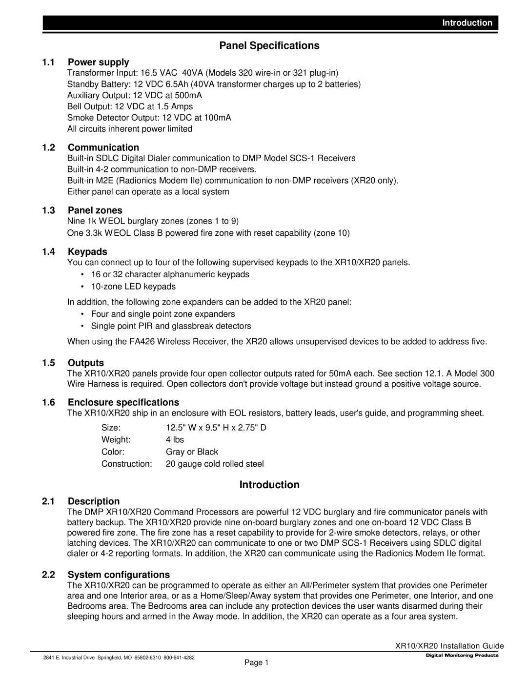 DMP Electronics LT-0229 (5 97) manual Panel Specifications, Introduction 