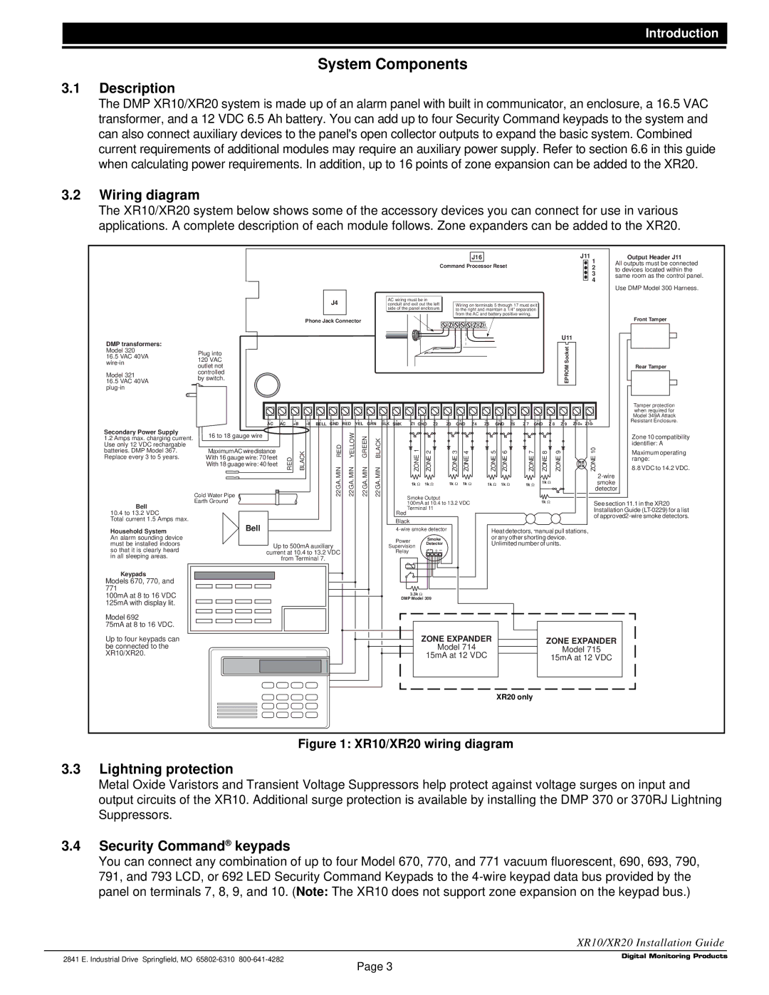 DMP Electronics LT-0229 (5 97) manual System Components, Wiring diagram, Lightning protection, Security Command keypads 