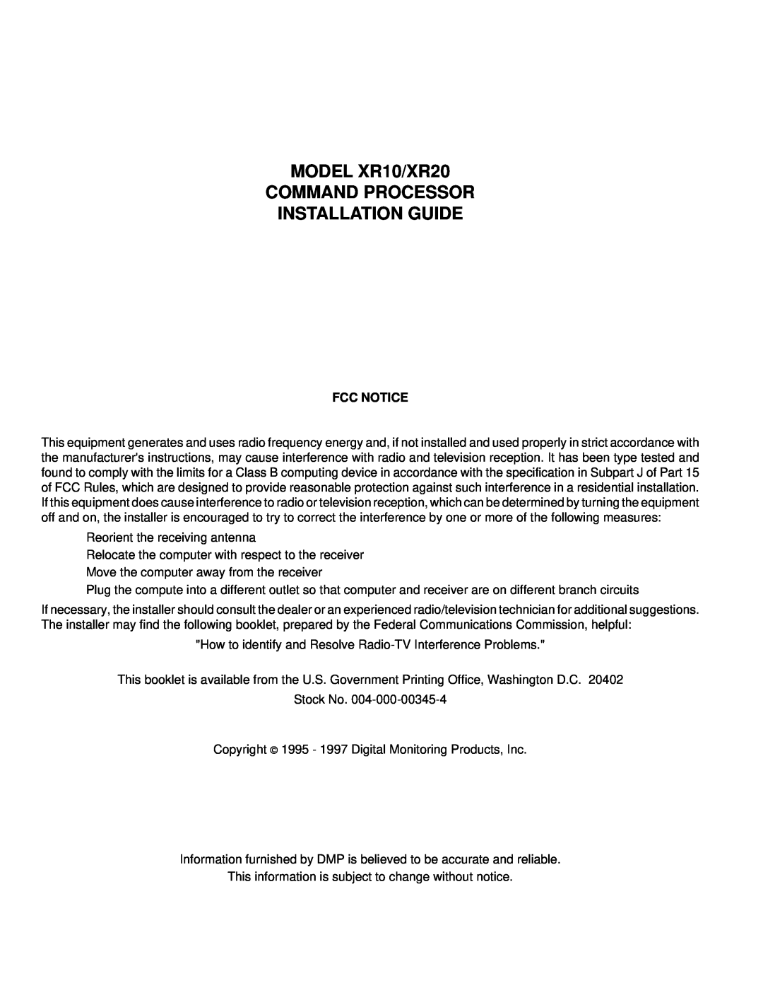 DMP Electronics LT-0229 (5 97) manual MODEL XR10/XR20 COMMAND PROCESSOR, Installation Guide, Fcc Notice 