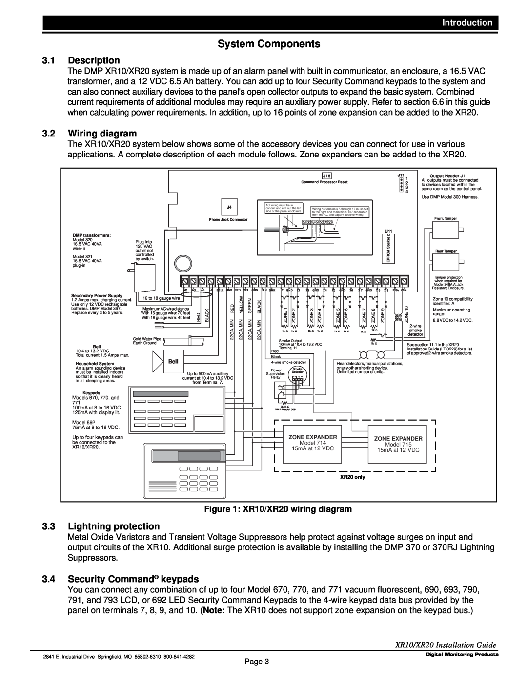 DMP Electronics LT-0229 (5 97) System Components, 3.1Description, 3.2Wiring diagram, 3.3Lightning protection, Introduction 