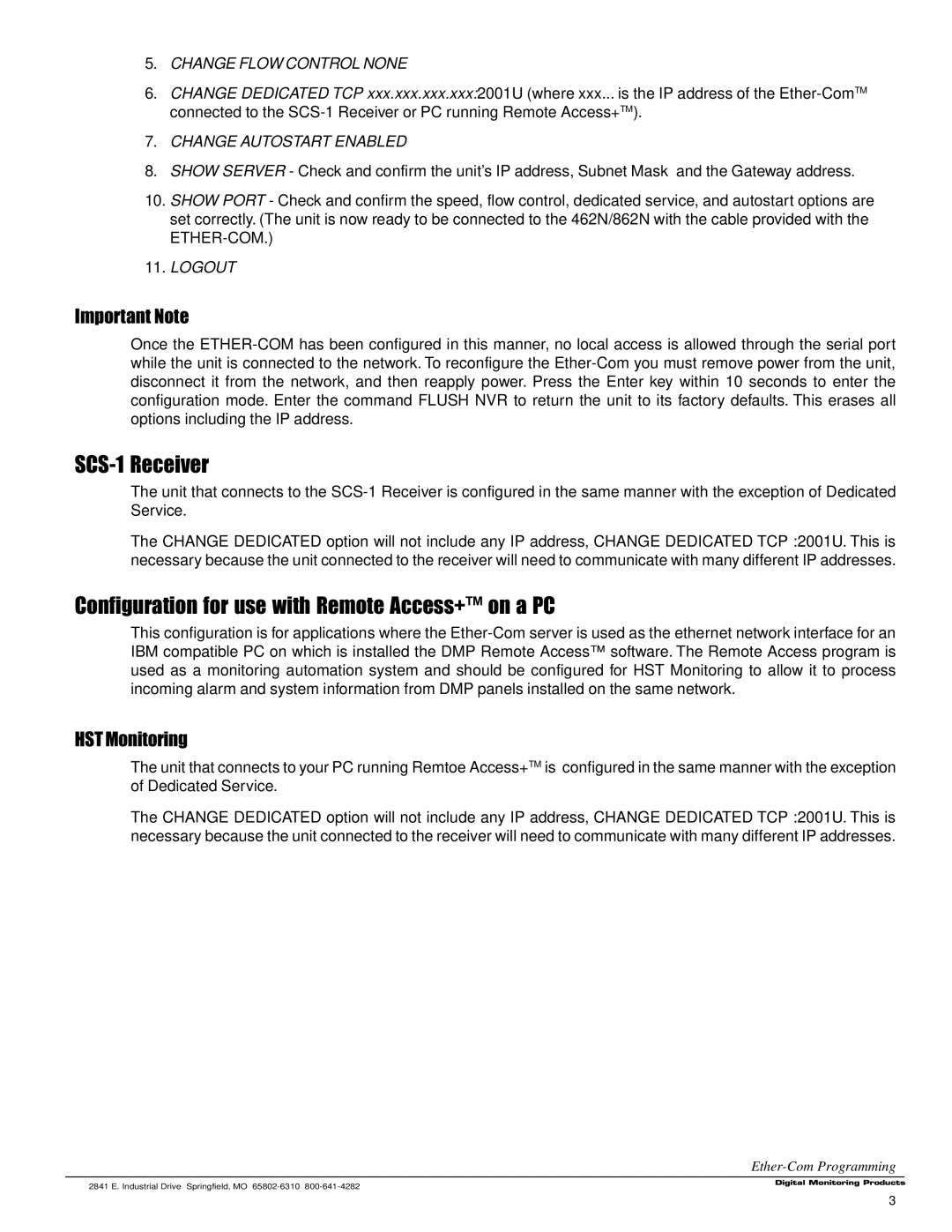 DMP Electronics LT-0424 SCS-1 Receiver, Configuration for use with Remote Access+ on a PC, Important Note, HST Monitoring 