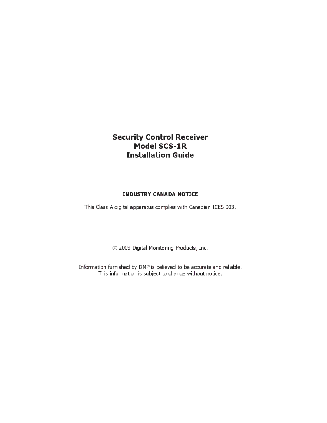 DMP Electronics manual Security Control Receiver Model SCS-1R Installation Guide, Industry Canada Notice 