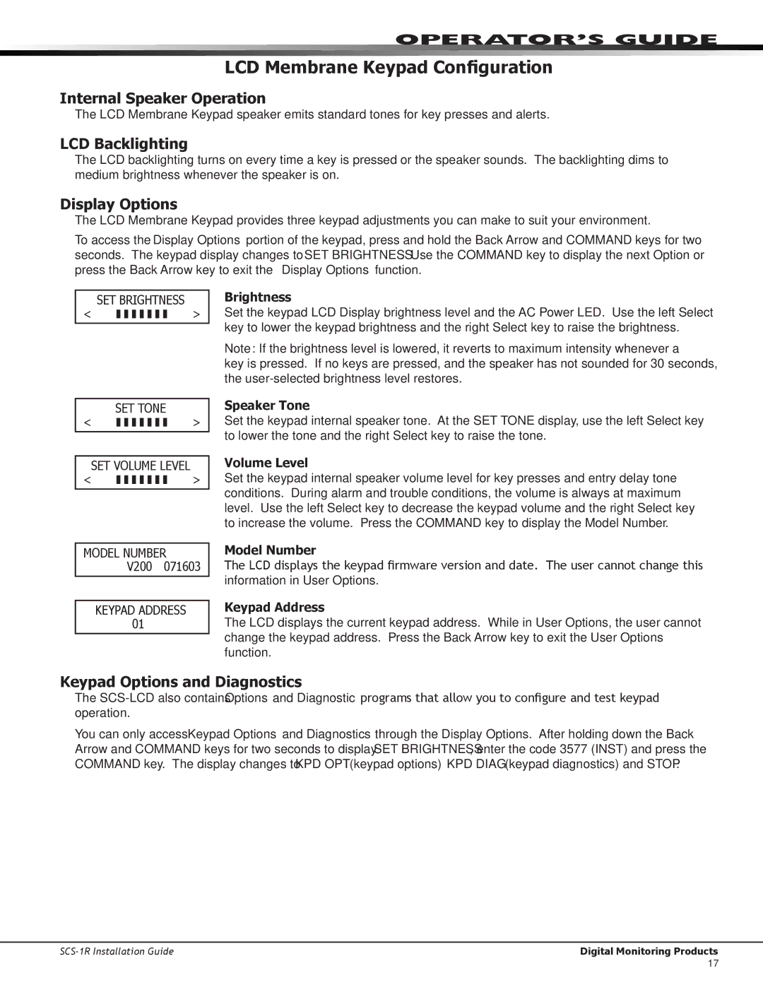DMP Electronics SCS-1R LCD Membrane Keypad Configuration, Internal Speaker Operation, LCD Backlighting, Display Options 