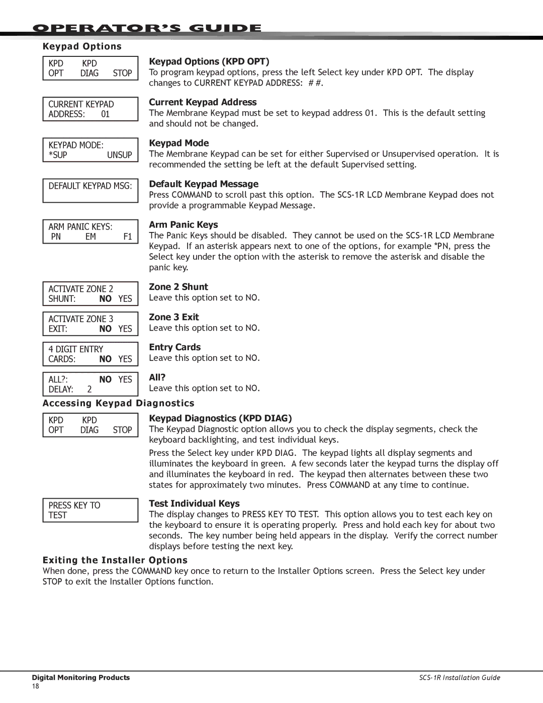 DMP Electronics SCS-1R manual Keypad Options KPD OPT, Current Keypad Address, Keypad Mode, Default Keypad Message, All? 