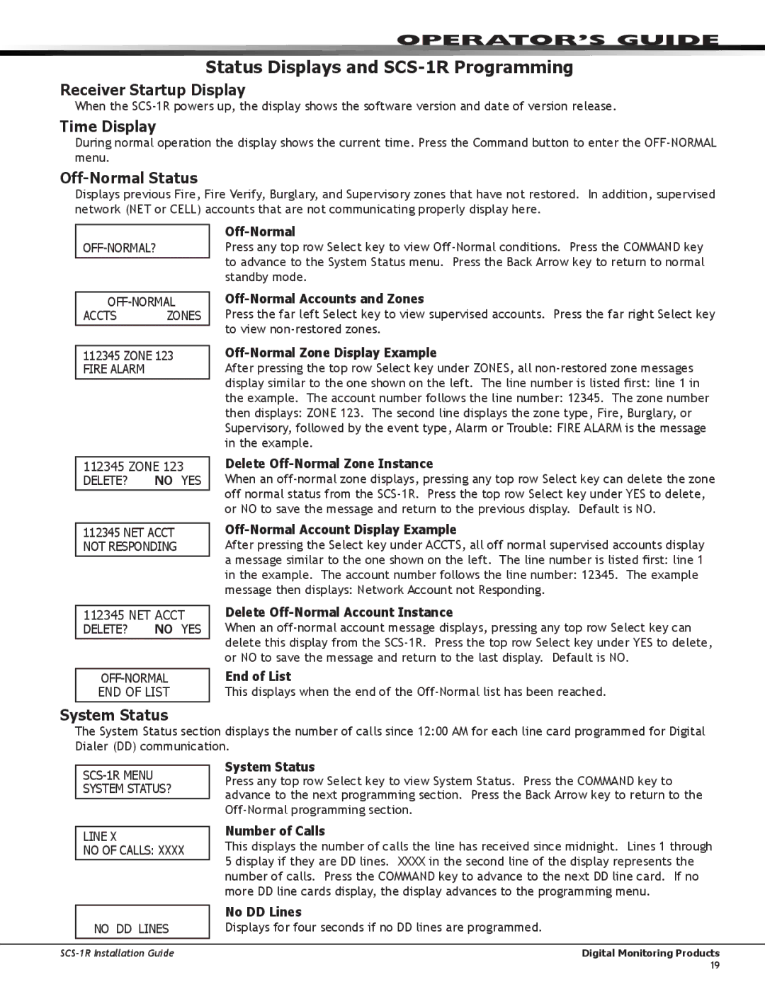 DMP Electronics manual Status Displays and SCS-1R Programming, Receiver Startup Display, Time Display, Off-Normal Status 