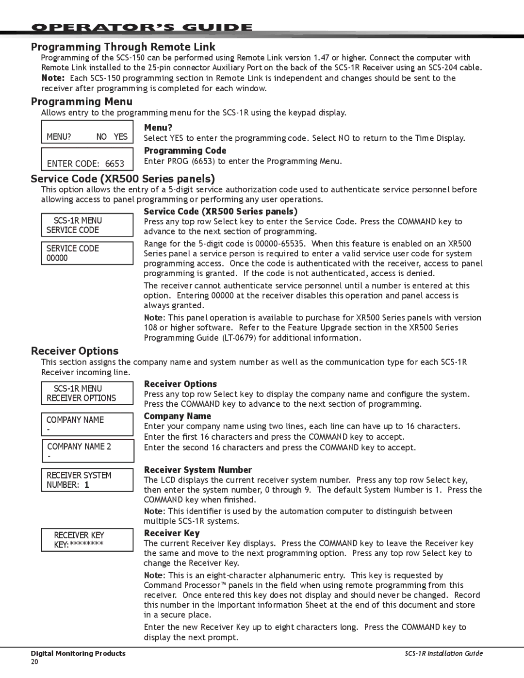 DMP Electronics SCS-1R manual Programming Through Remote Link, Programming Menu, Service Code XR500 Series panels 