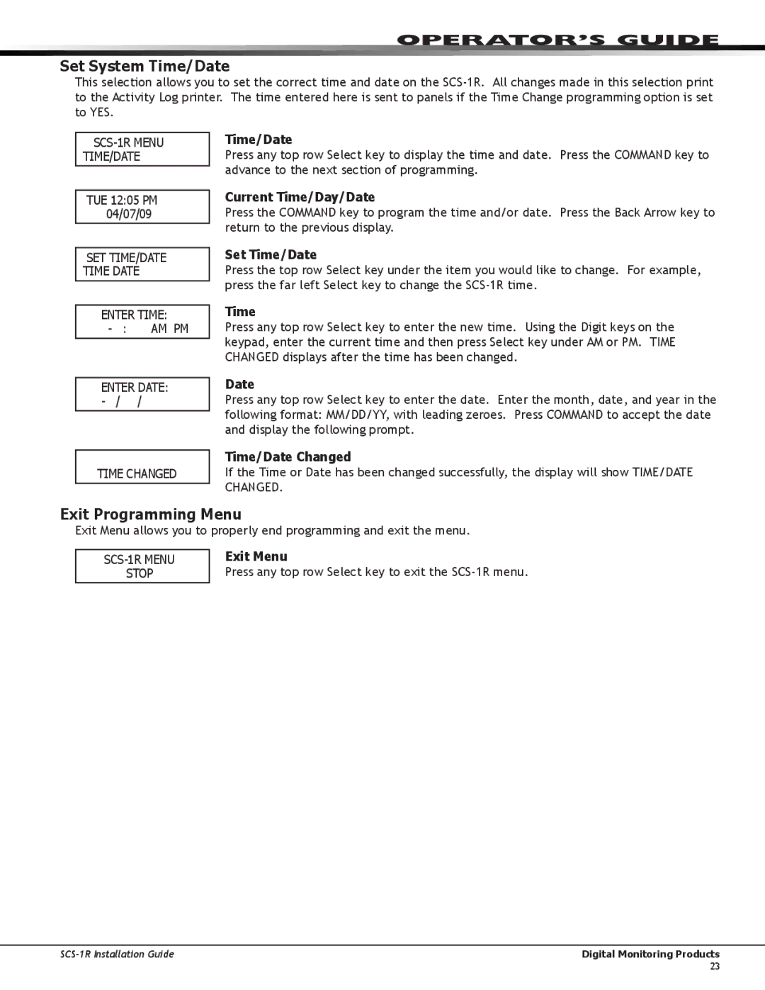 DMP Electronics SCS-1R manual Set System Time/Date, Exit Programming Menu 