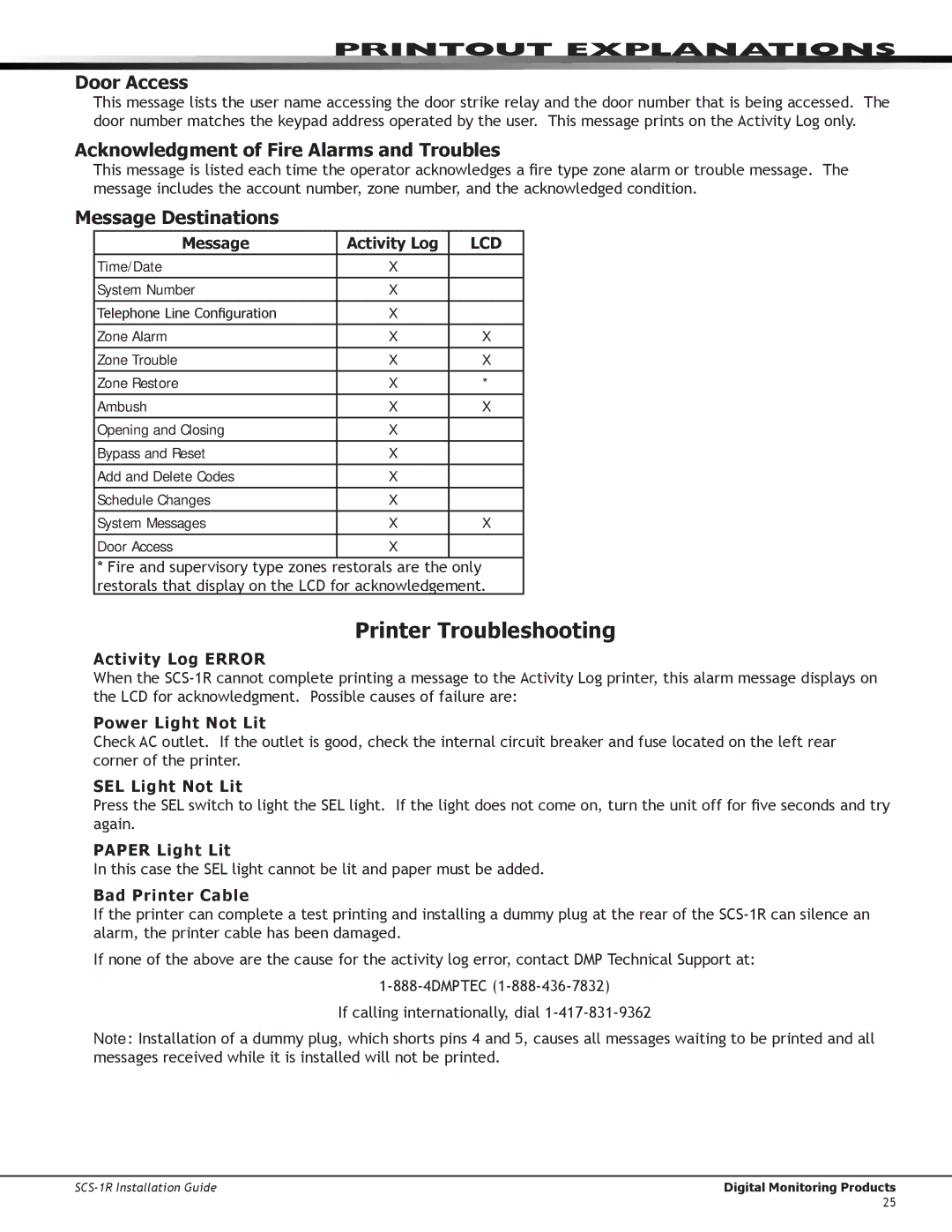 DMP Electronics SCS-1R manual Printer Troubleshooting, Door Access, Acknowledgment of Fire Alarms and Troubles 