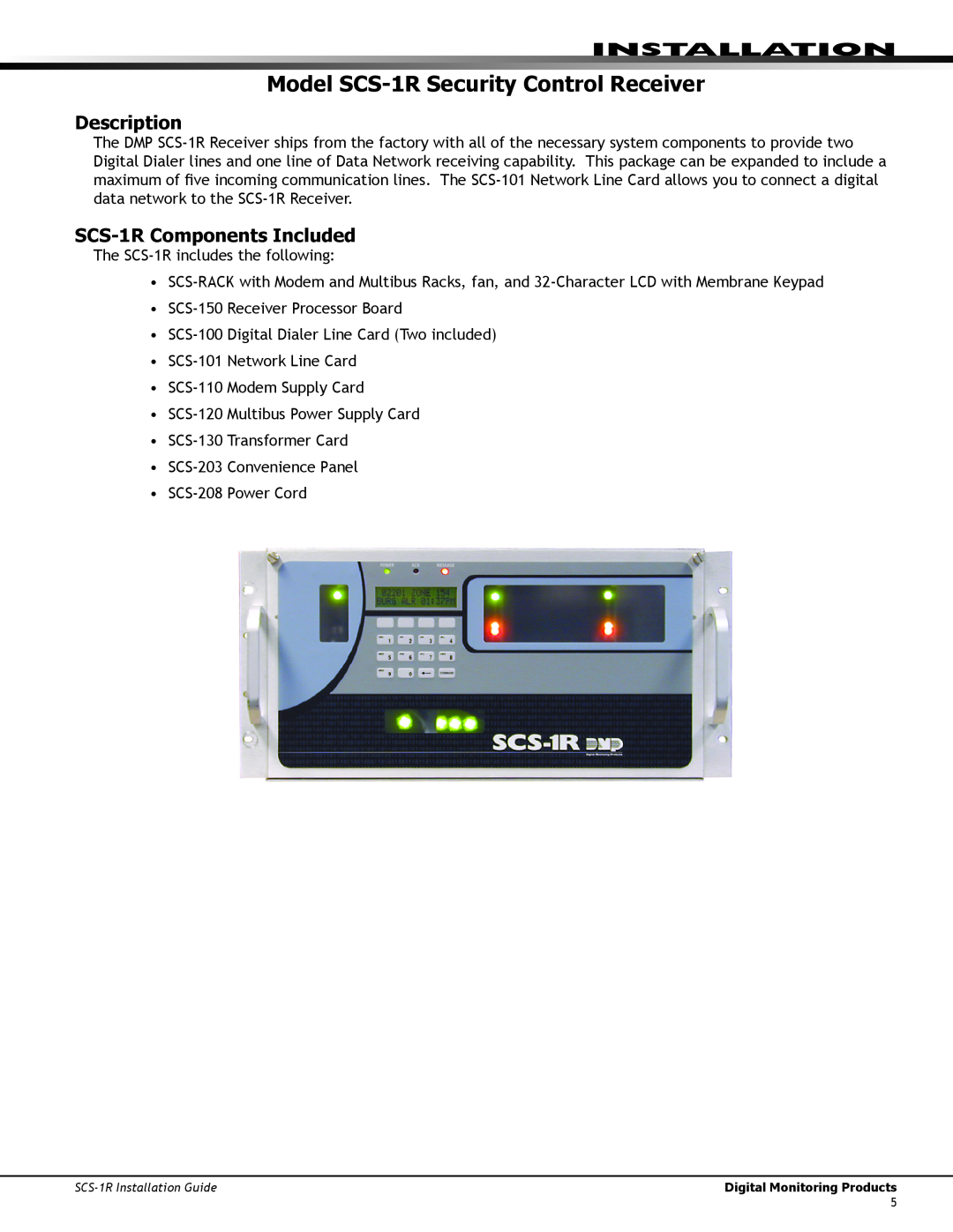 DMP Electronics manual Model SCS-1RSecurity Control Receiver, Installation, SCS-1RComponents Included, Description 