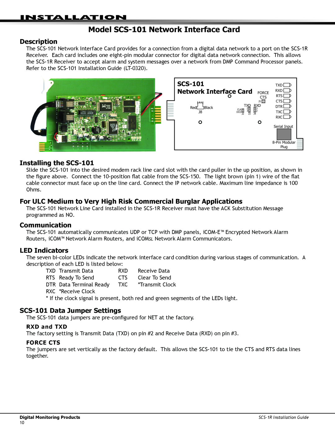 DMP Electronics SCS-1R manual Model SCS-101Network Interface Card, Installing the SCS-101, Communication, Installation 