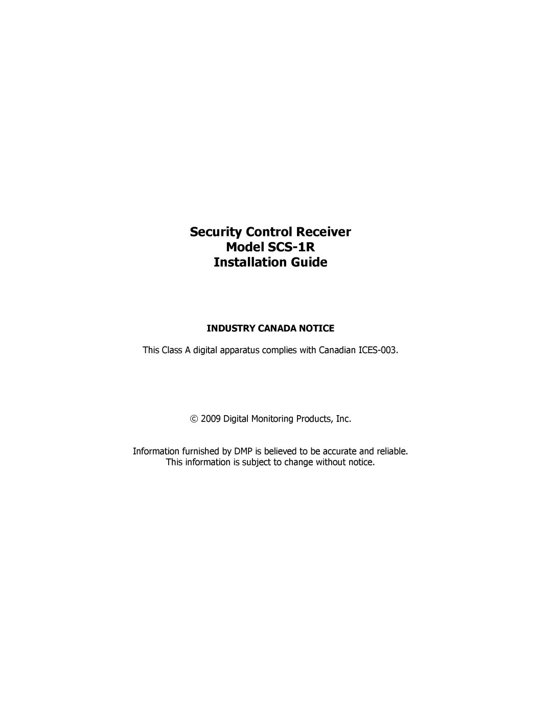 DMP Electronics manual Security Control Receiver Model SCS-1R, Installation Guide, Industry Canada Notice 