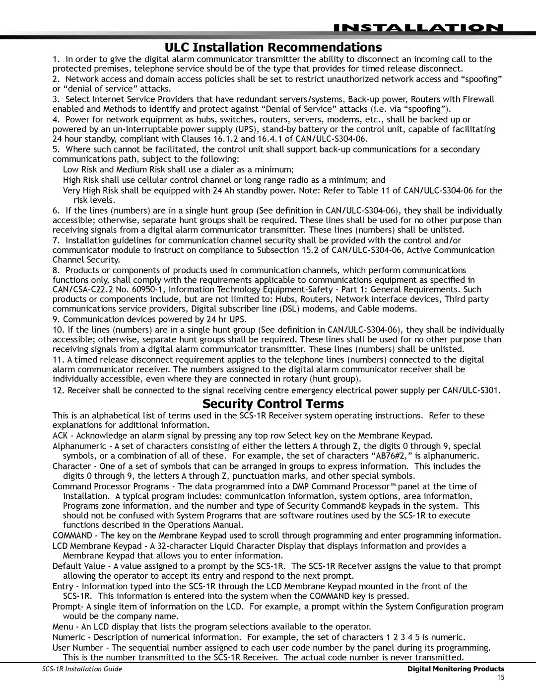 DMP Electronics SCS-1R manual ULC Installation Recommendations, Security Control Terms 