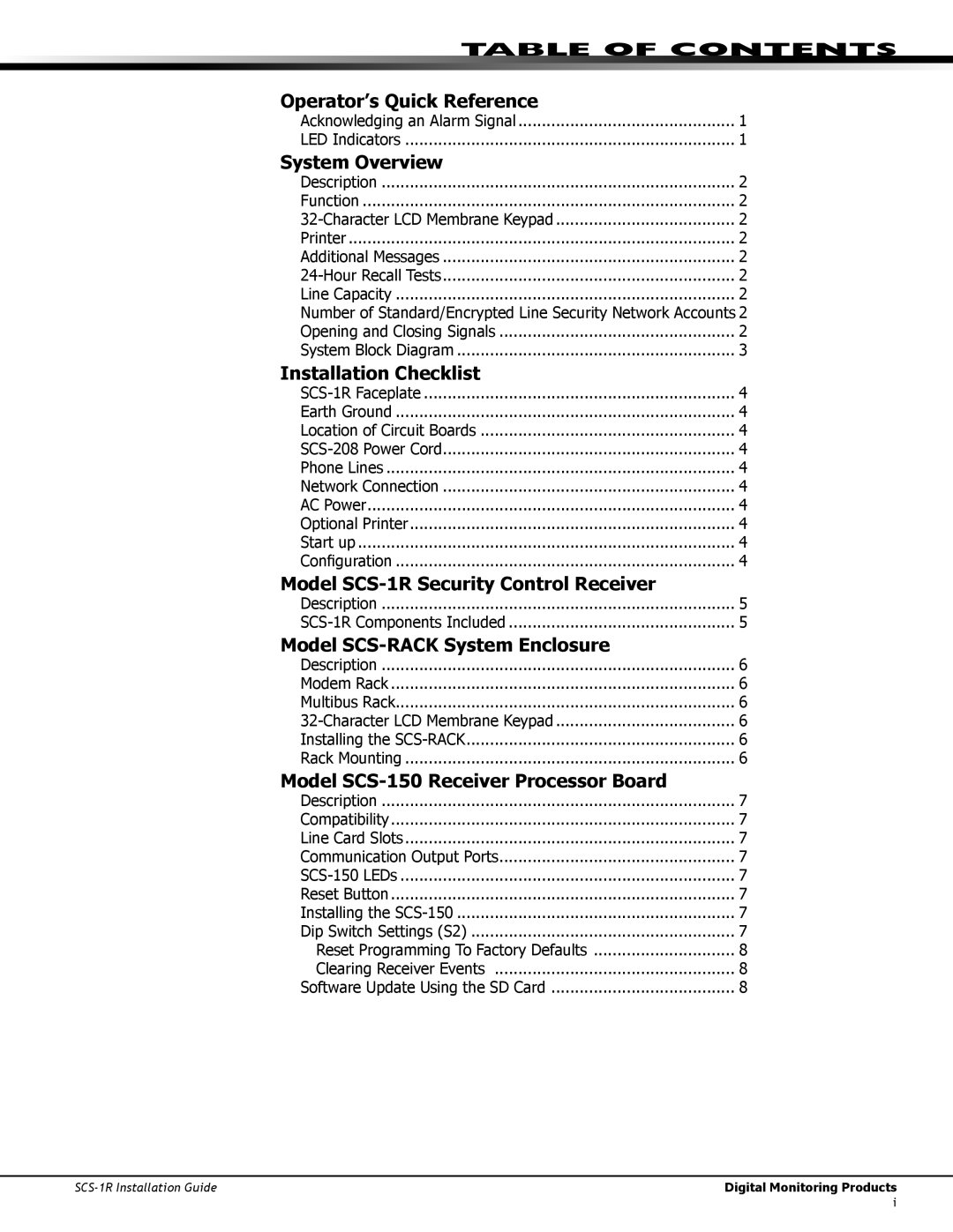 DMP Electronics SCS-1R manual Table of Contents, Operator’s Quick Reference, System Overview, Installation Checklist 