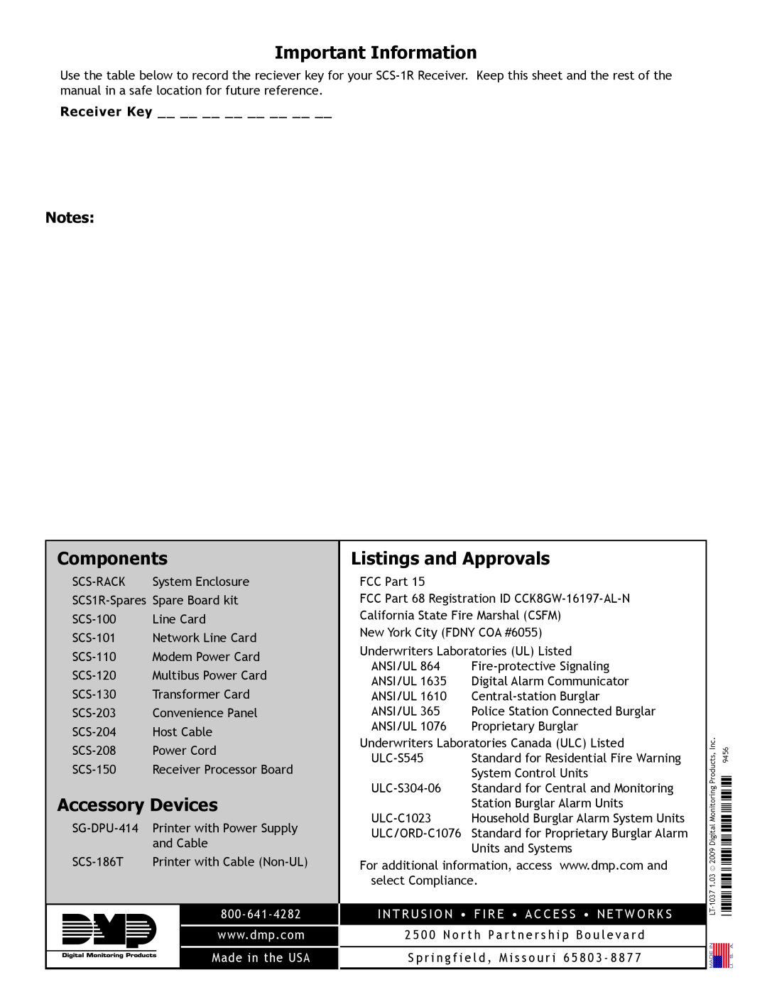 DMP Electronics SCS-1R manual Important Information, Components, Accessory Devices, Listings and Approvals 