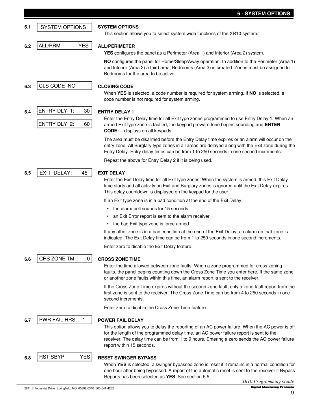 DMP Electronics Command Processor Panel, XR10 manual System Options 