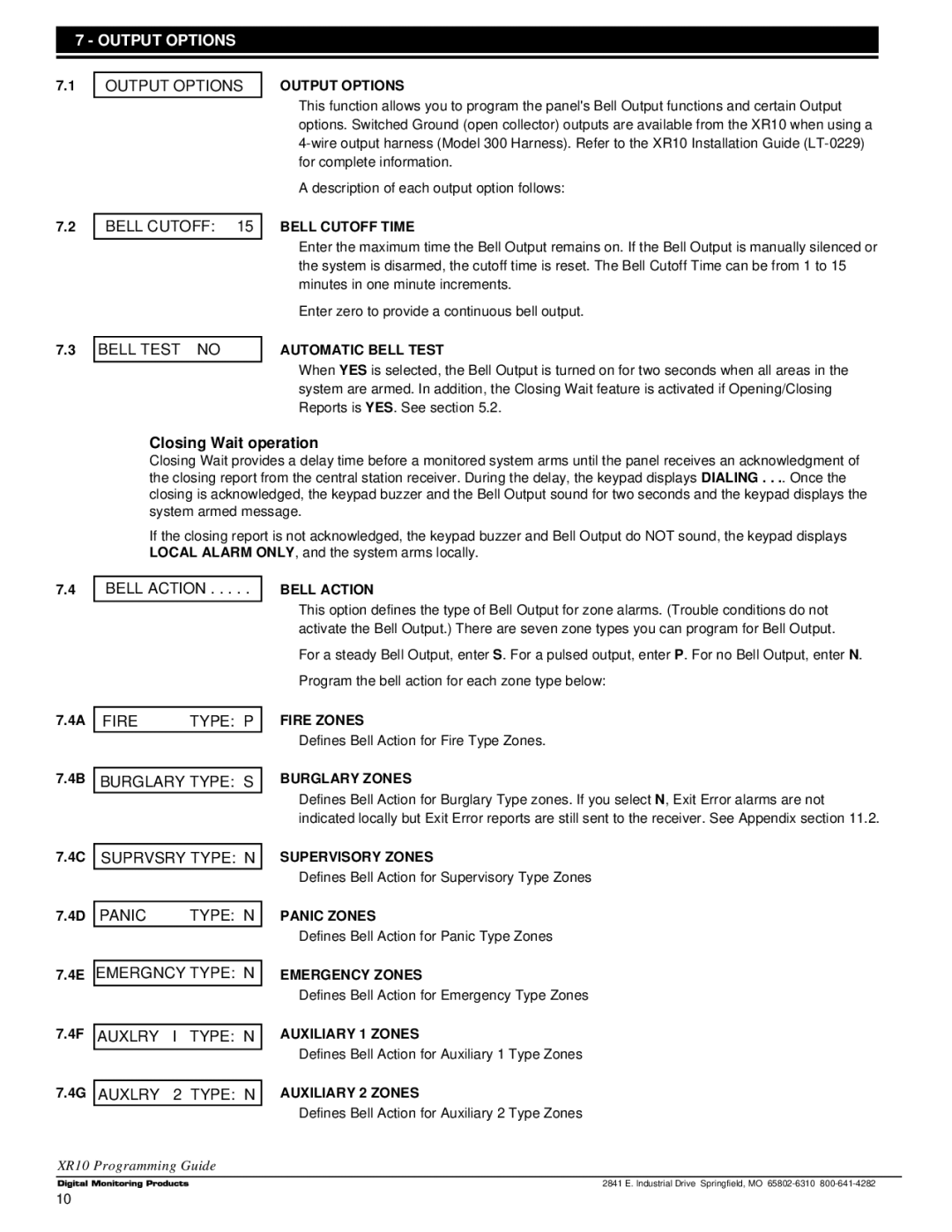 DMP Electronics XR10, Command Processor Panel manual Output Options, Closing Wait operation 