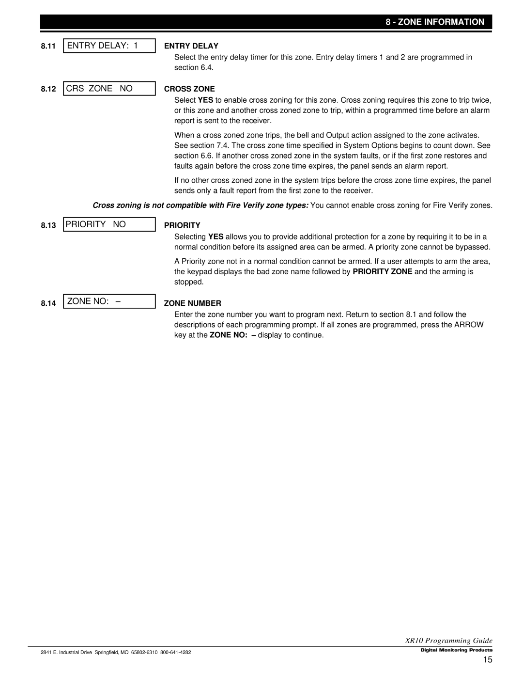 DMP Electronics Command Processor Panel, XR10 manual Entry Delay, CRS Zone no, Cross Zone, Priority 