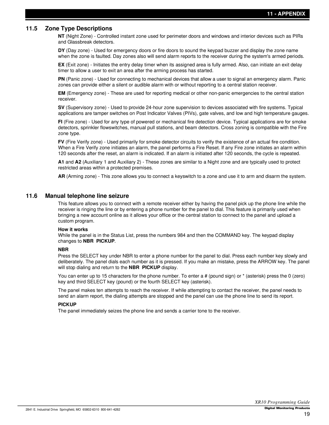 DMP Electronics Command Processor Panel Zone Type Descriptions, Manual telephone line seizure, How it works, Nbr, Pickup 