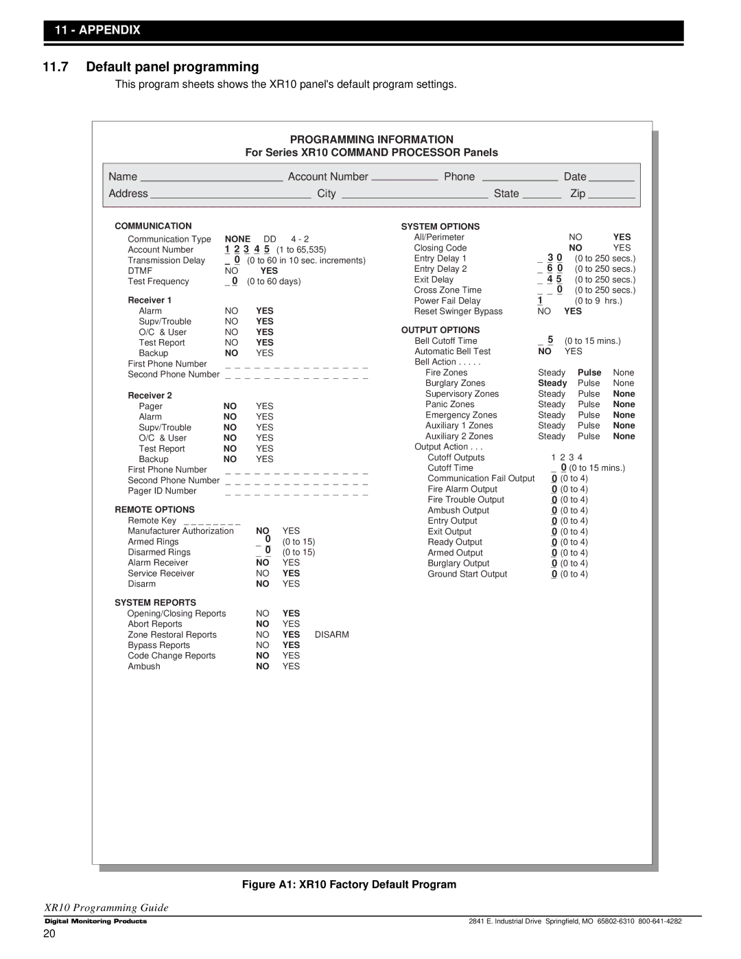 DMP Electronics manual Default panel programming, Programming Information, For Series XR10 Command Processor Panels 