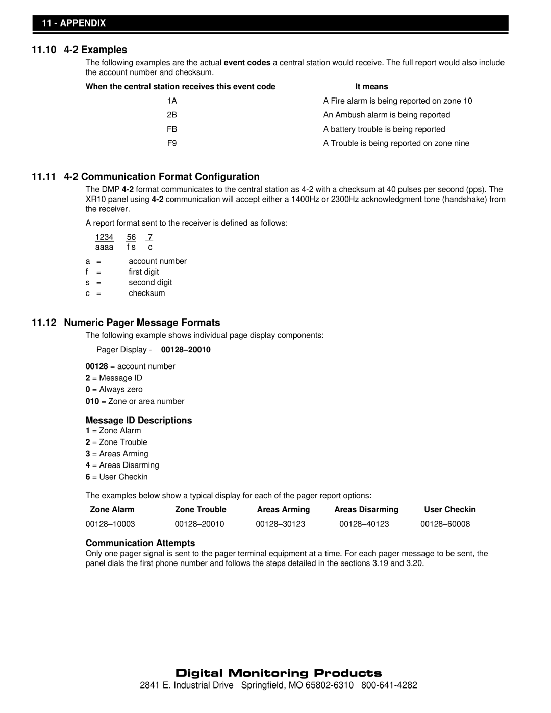 DMP Electronics XR10 manual 11.10 4-2 Examples, 11.11 4-2 Communication Format Configuration, Numeric Pager Message Formats 