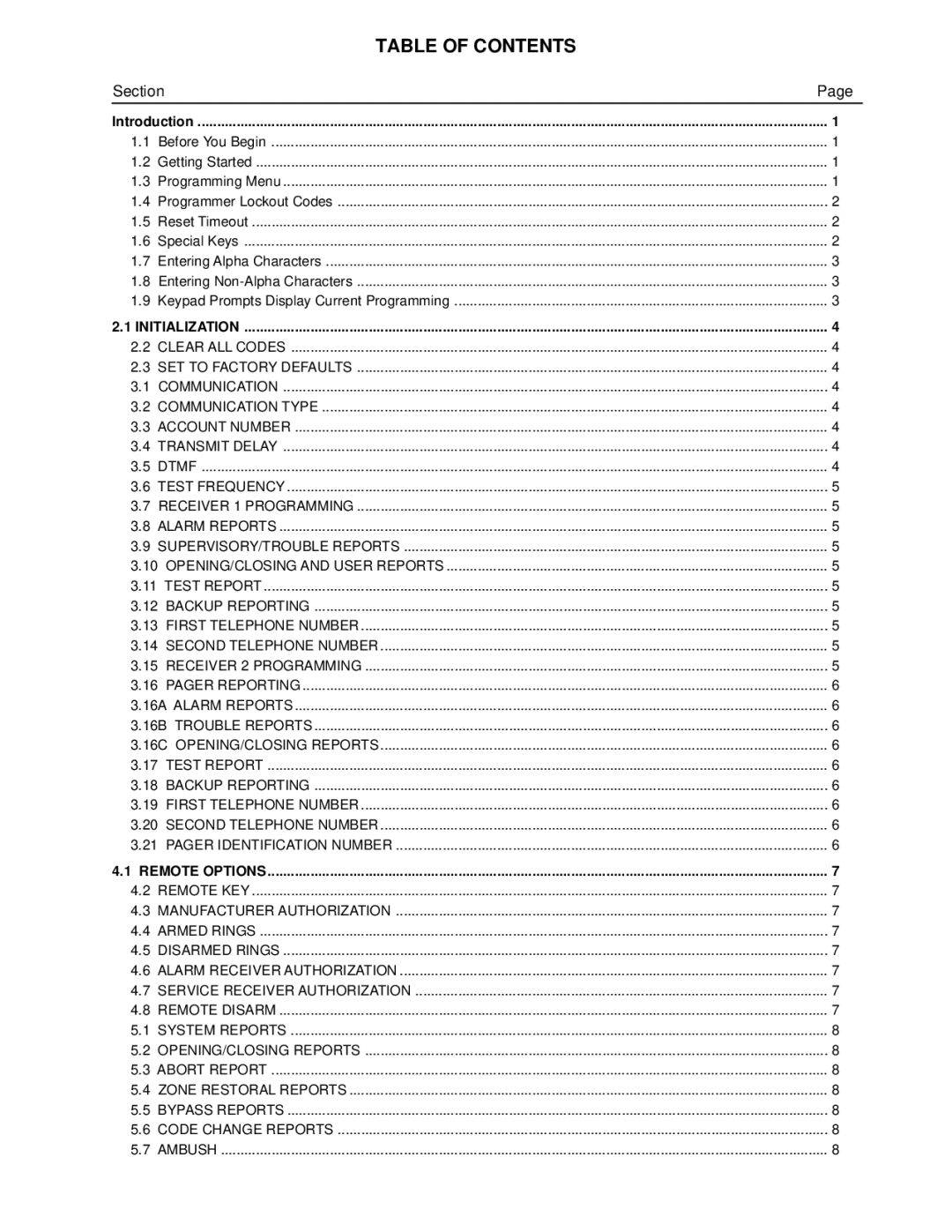 DMP Electronics Command Processor Panel, XR10 manual Table of Contents 