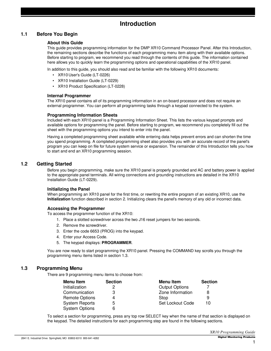 DMP Electronics Command Processor Panel, XR10 manual Before You Begin, Getting Started, Programming Menu 