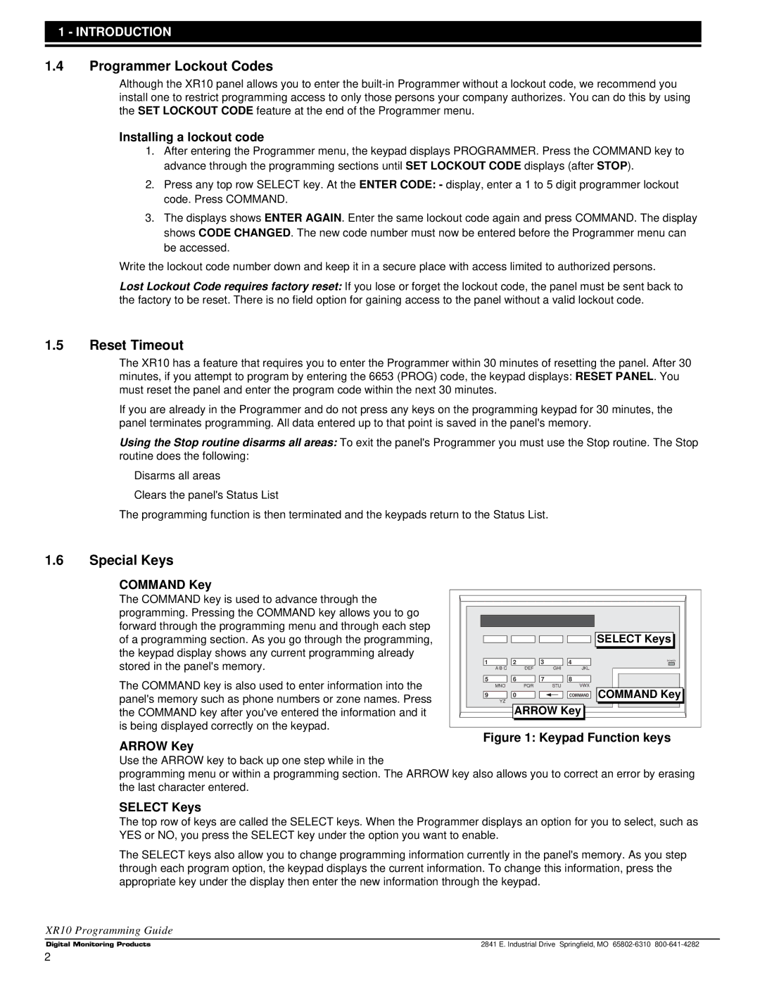 DMP Electronics XR10, Command Processor Panel manual Programmer Lockout Codes, Reset Timeout, Special Keys, Introduction 