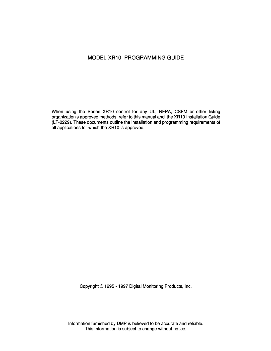 DMP Electronics Command Processor Panel manual MODEL XR10 PROGRAMMING GUIDE 