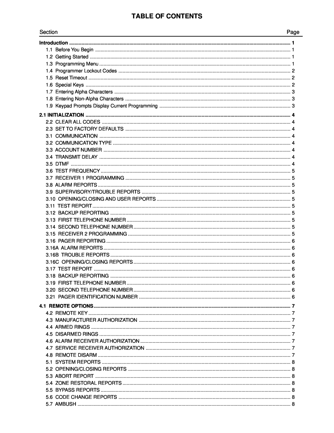 DMP Electronics Command Processor Panel, XR10 manual Table Of Contents, Section, Page 
