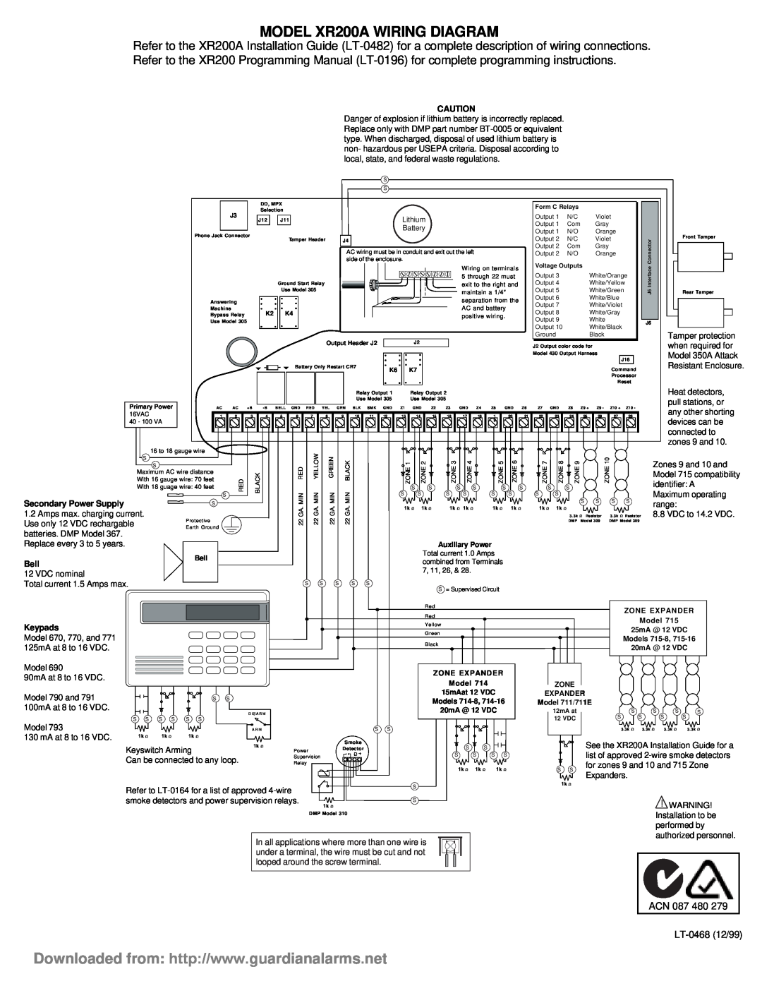 DMP Electronics manual MODEL XR200A WIRING DIAGRAM, ACN 087 480 LT-046812/99, Secondary Power Supply, Bell, Keypads 