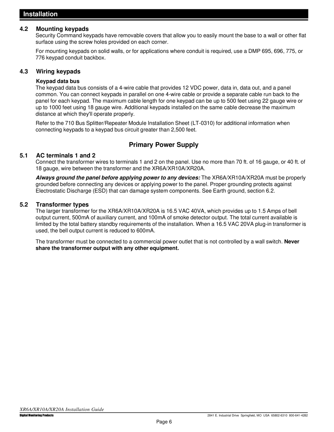 DMP Electronics XR6A, XR20A manual Primary Power Supply, Mounting keypads, Wiring keypads, AC terminals 1, Transformer types 