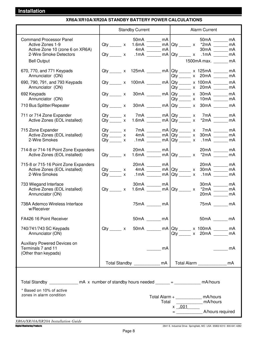 DMP Electronics manual XR6A/XR10A/XR20A Standby Battery Power Calculations 