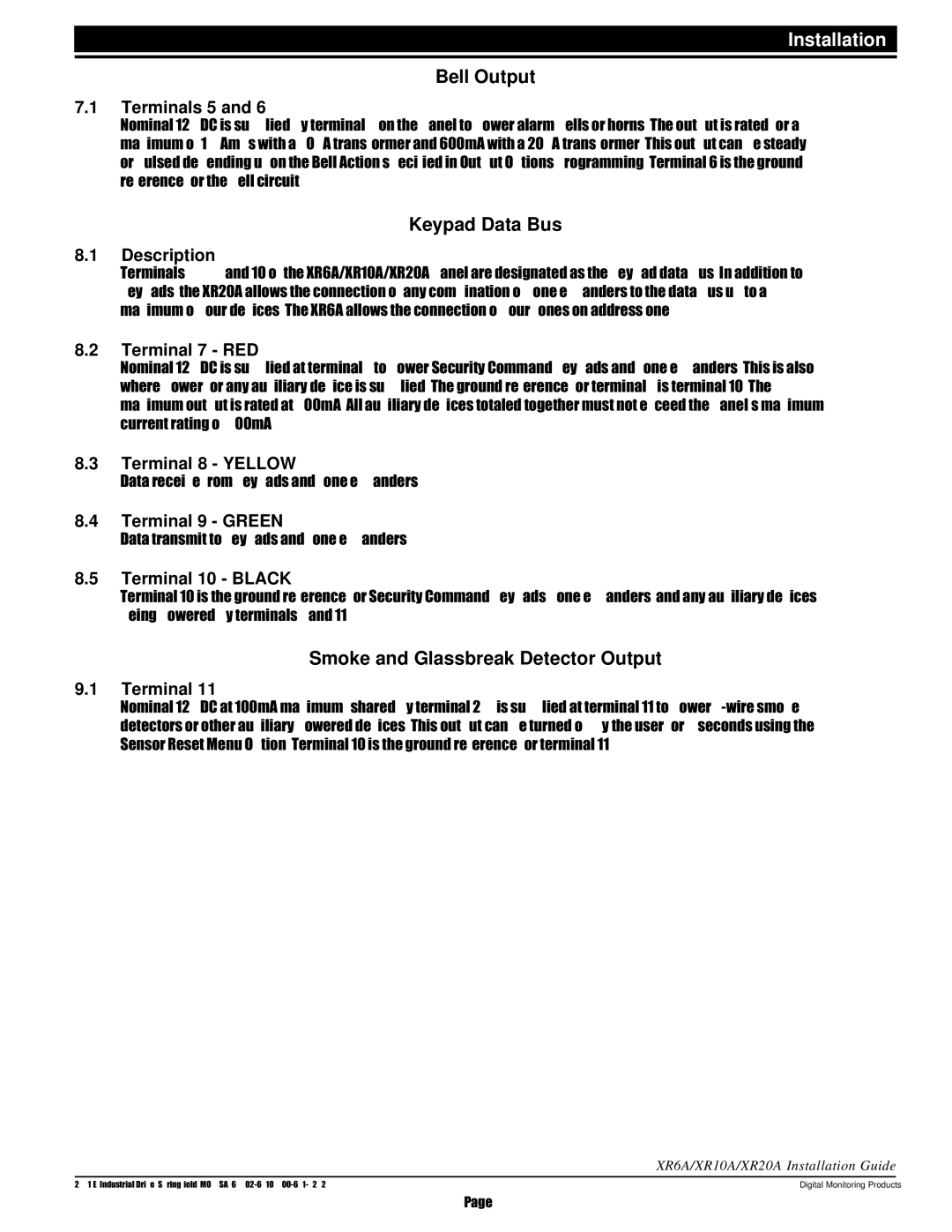 DMP Electronics XR6A, XR20A, XR10A manual Bell Output, Keypad Data Bus, Smoke and Glassbreak Detector Output 