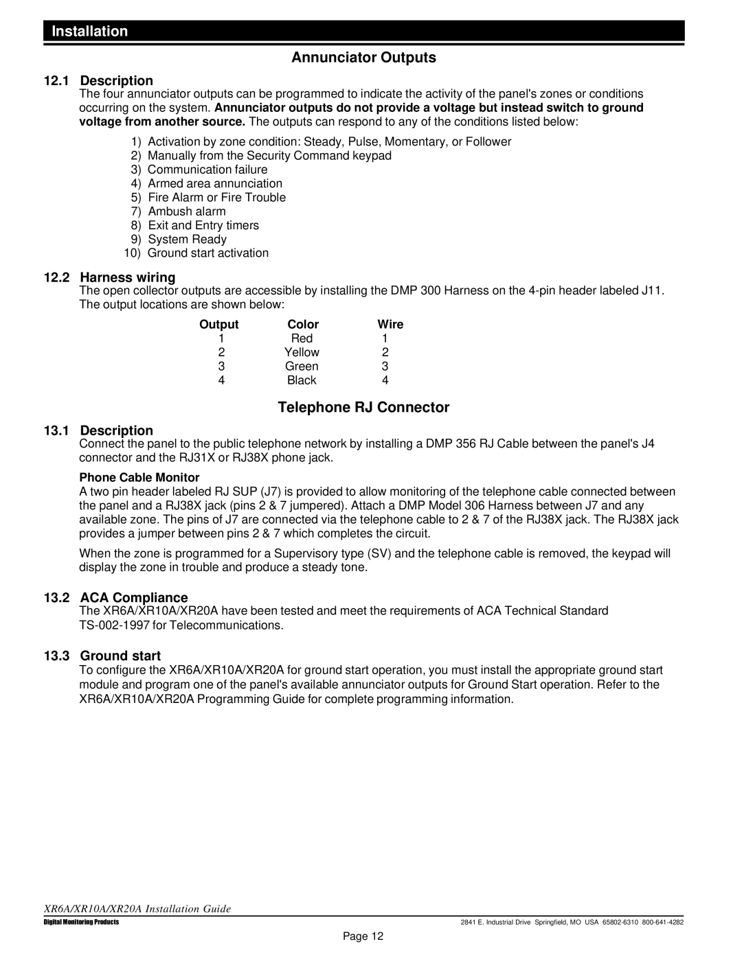 DMP Electronics XR6A, XR20A manual Annunciator Outputs, Telephone RJ Connector, Harness wiring, ACA Compliance, Ground start 