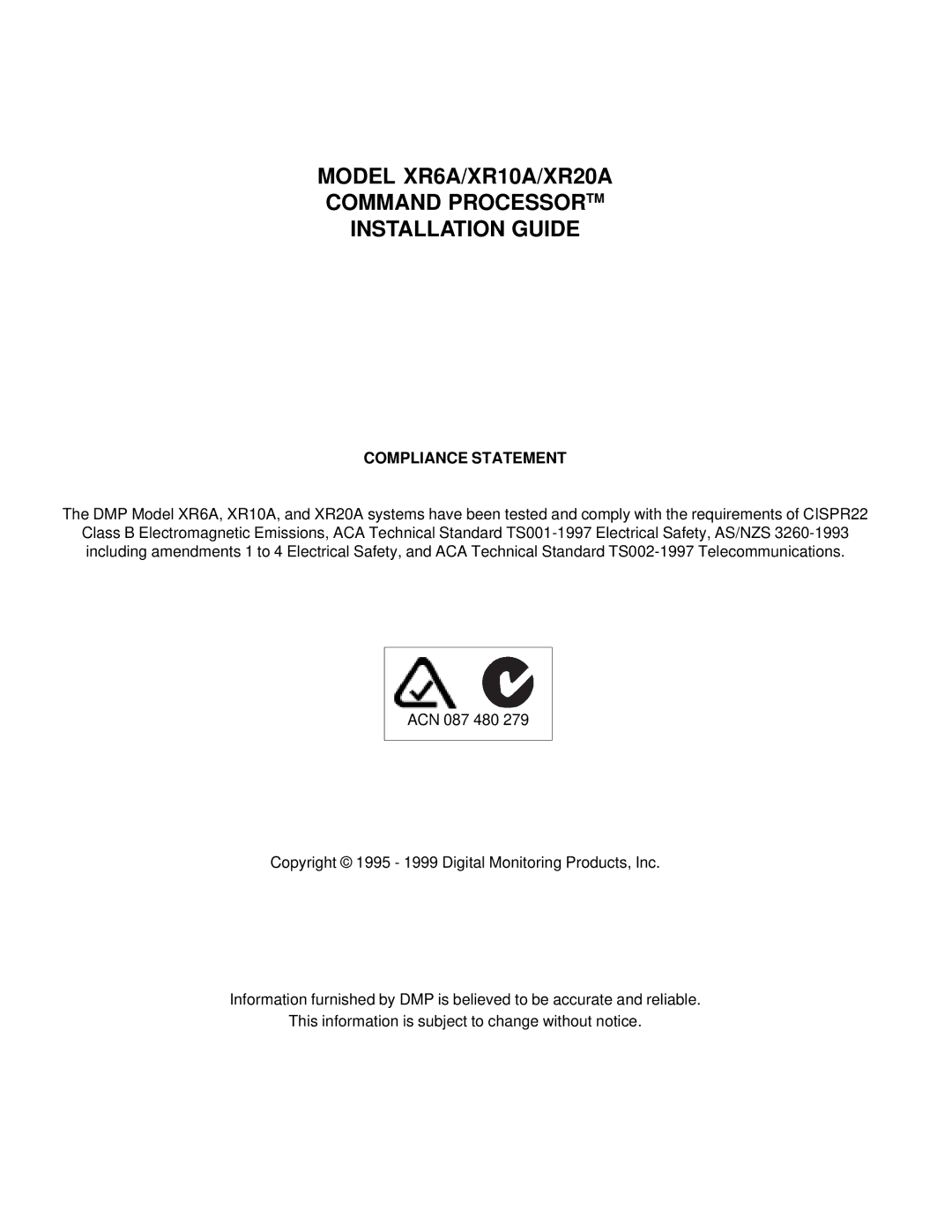 DMP Electronics XR10A, XR20A, XR6A manual Compliance Statement 