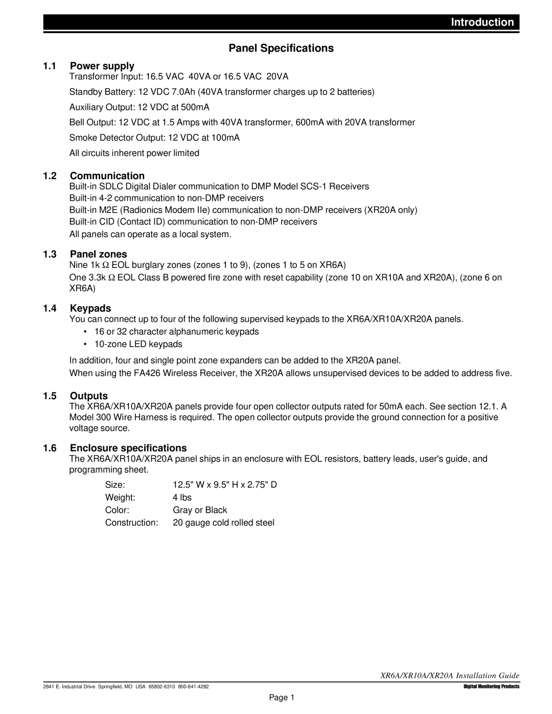 DMP Electronics XR10A, XR20A, XR6A manual Panel Specifications 