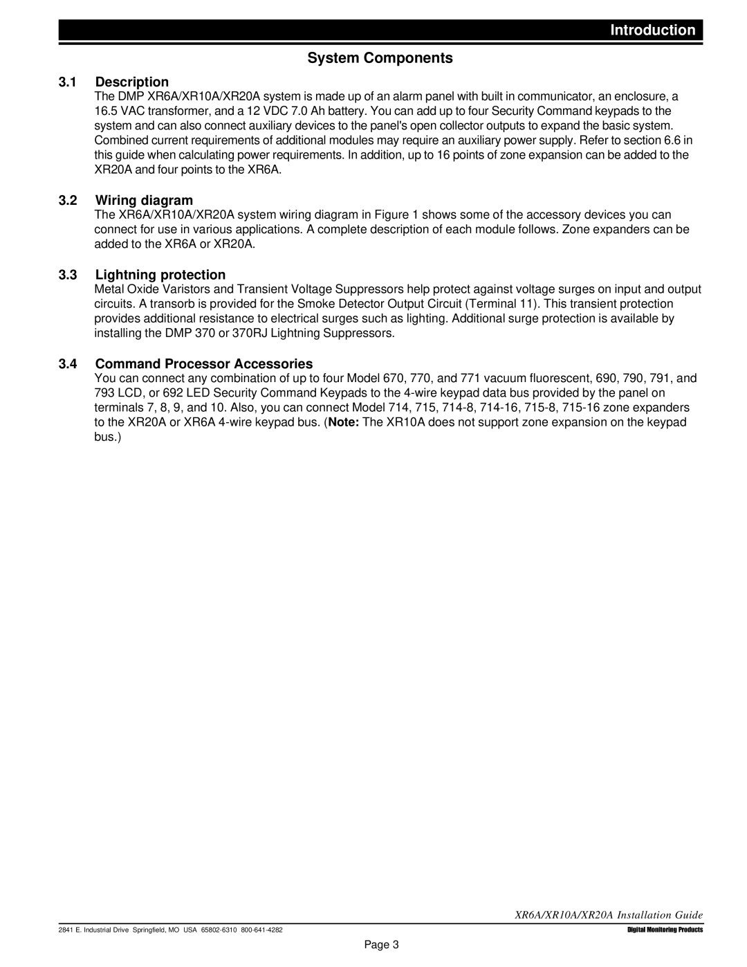 DMP Electronics XR6A, XR20A, XR10A System Components, Wiring diagram, Lightning protection, Command Processor Accessories 