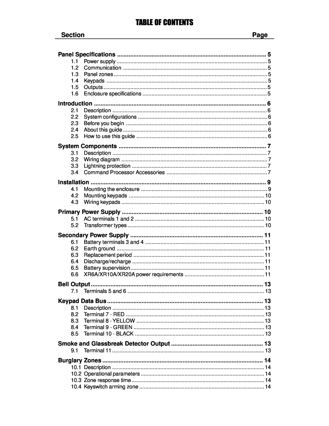 DMP Electronics XR20A, XR6A, XR10A manual Table Of Contents, Section, Page 