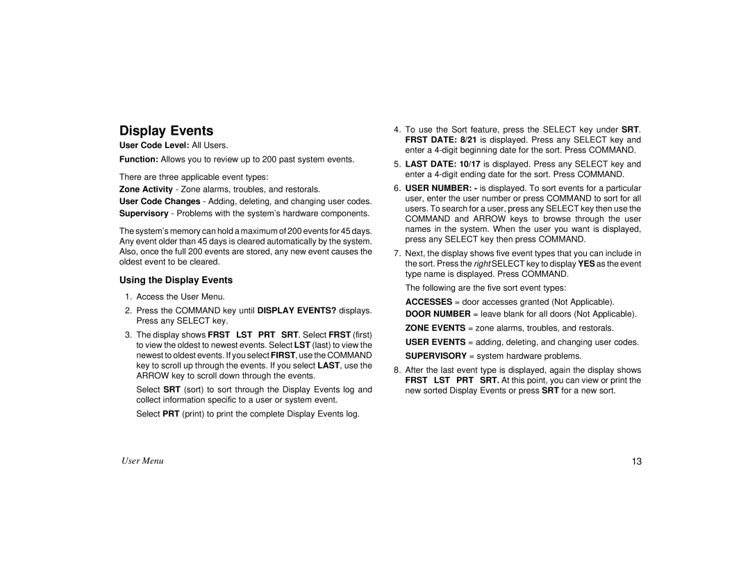 DMP Electronics XR2400F manual Using the Display Events 