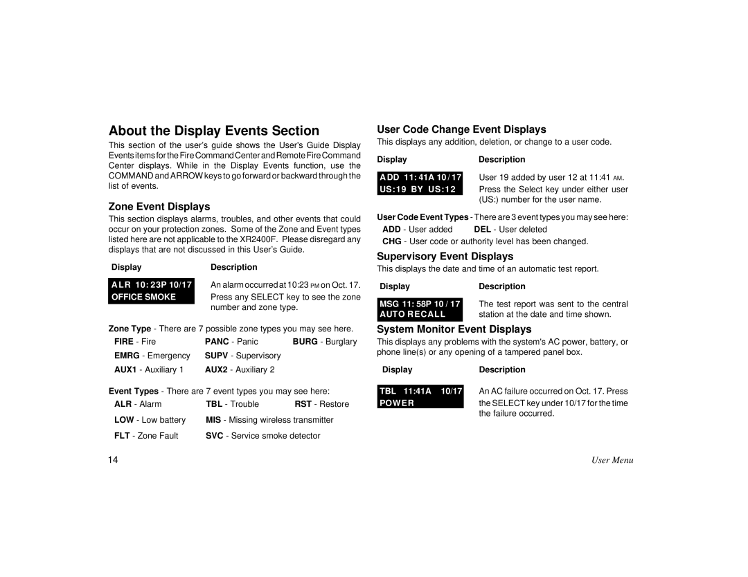 DMP Electronics XR2400F manual About the Display Events Section, User Code Change Event Displays, Zone Event Displays 