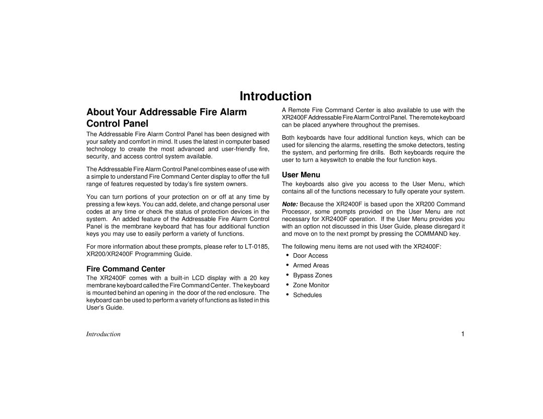 DMP Electronics XR2400F manual About Your Addressable Fire Alarm Control Panel, Fire Command Center, User Menu 